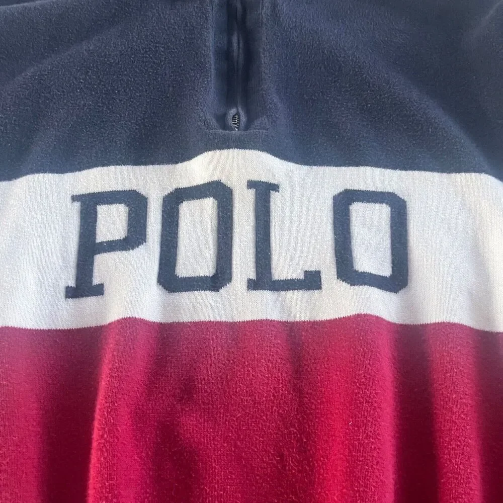 Vintage POLO Ralph Lauren Spell Out 1/4 Zip Sweater American Flag Patch M 90's